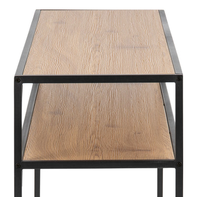 Skeleto 120x79 Wild Oak console table – a close-up of the oak finish on the worktop and shelf, and the black frame