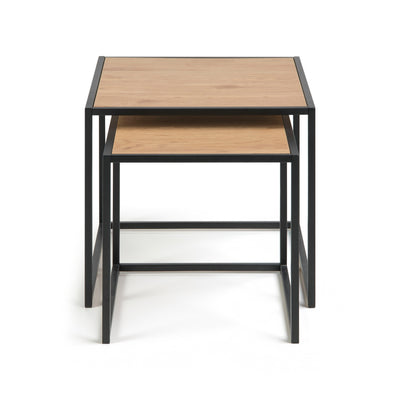 Skeleto 50x45 tables in Wild Oak on the front – a smaller table slid under a larger one, a set of square tables