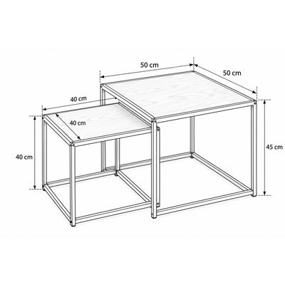 Set of 2 Skeleto coffee tables (50x45 and 40x40) – dimensional drawing showing width, height and depth