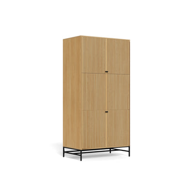 Bambouz 99x200 wardrobe in an oak finish – a side view of the four slatted doors and the black steel base