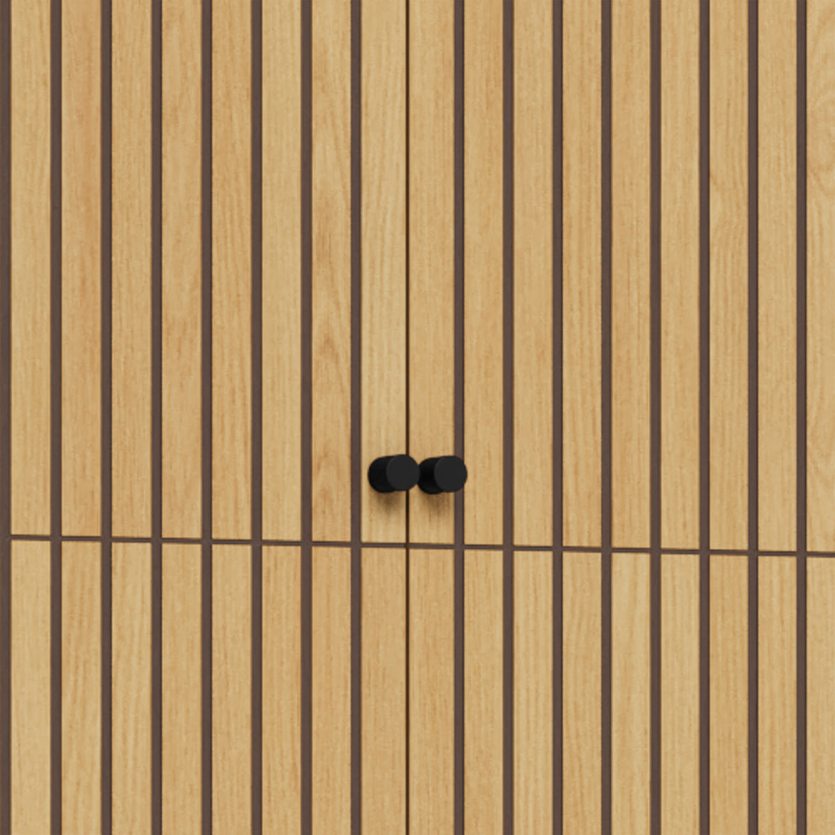 Bambouz 99x200 wardrobe – close-up of the slatted doors in an oak finish with two black knobs
