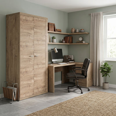 Korin wardrobe 201x102 in a home office with a green wall, next to a desk and a plant – boho wardrobe