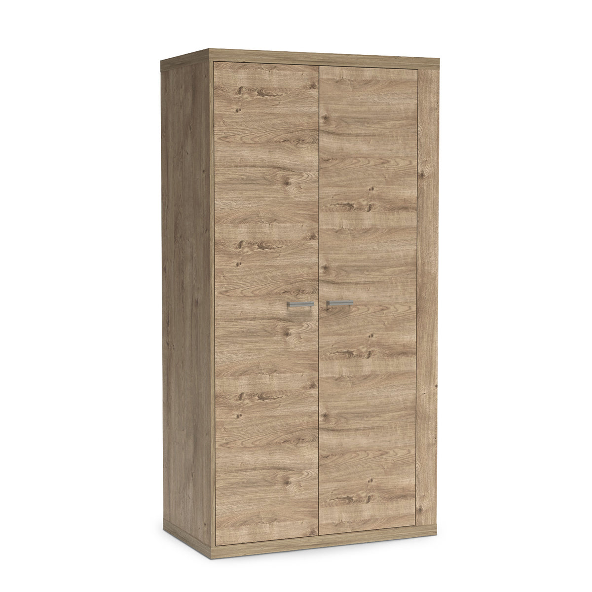 Korin wardrobe 201x102 in oak – two-door wardrobe with metal handles, angled view