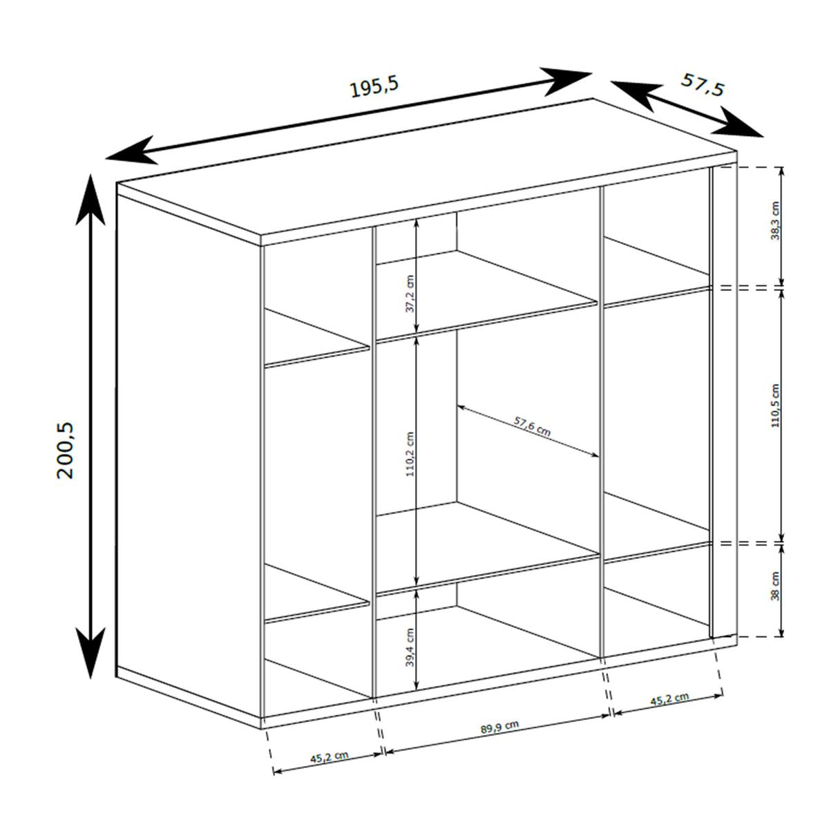 Korin wardrobe 201x196 – dimension drawing of the four-door wardrobe with drawers