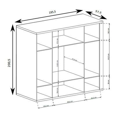 Korin wardrobe 201x196 – dimension drawing of the four-door wardrobe with drawers