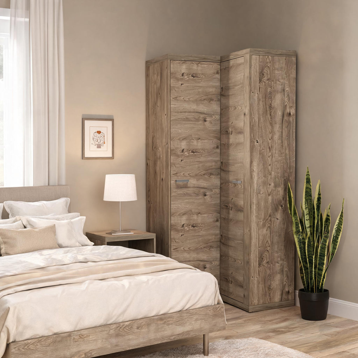 Korin corner wardrobe 109x201 in a bedroom corner next to a bed and a bedside table – corner wardrobe for the bedroom