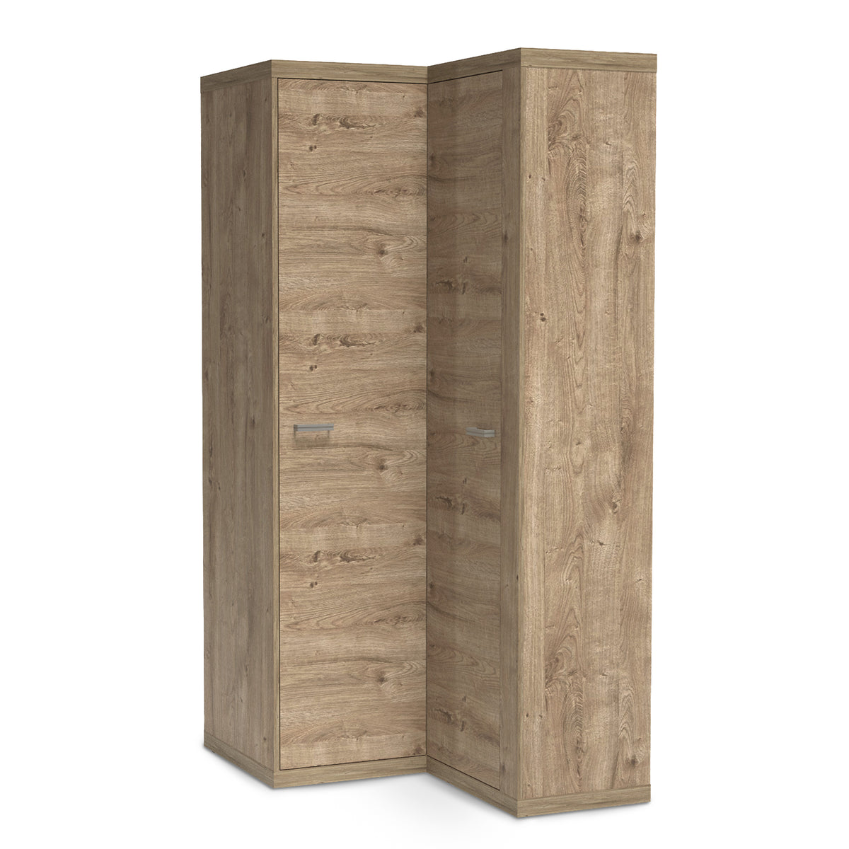 Korin corner wardrobe 109x201 in oak – L-shaped corner wardrobe with two doors, angled view