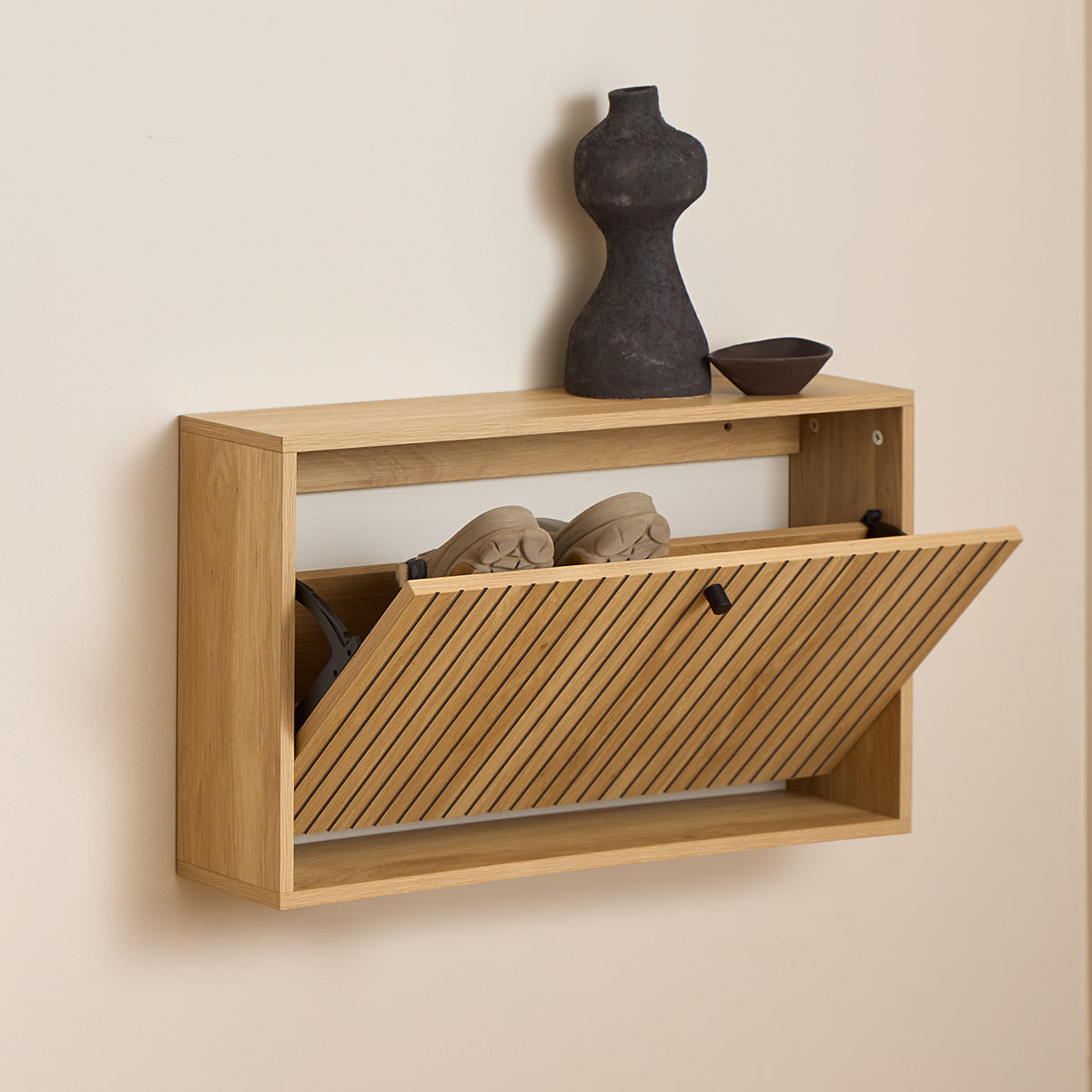 Bambouz 72x43 wall-mounted shoe cupboard with an open compartment, shoes and a vase on top – a wall-mounted cupboard for the hall