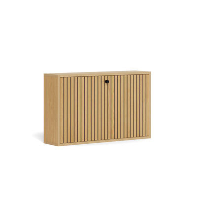 Bambouz 72x43 wall-mounted shoe cupboard in oak – a side view of the slatted front with a black handle