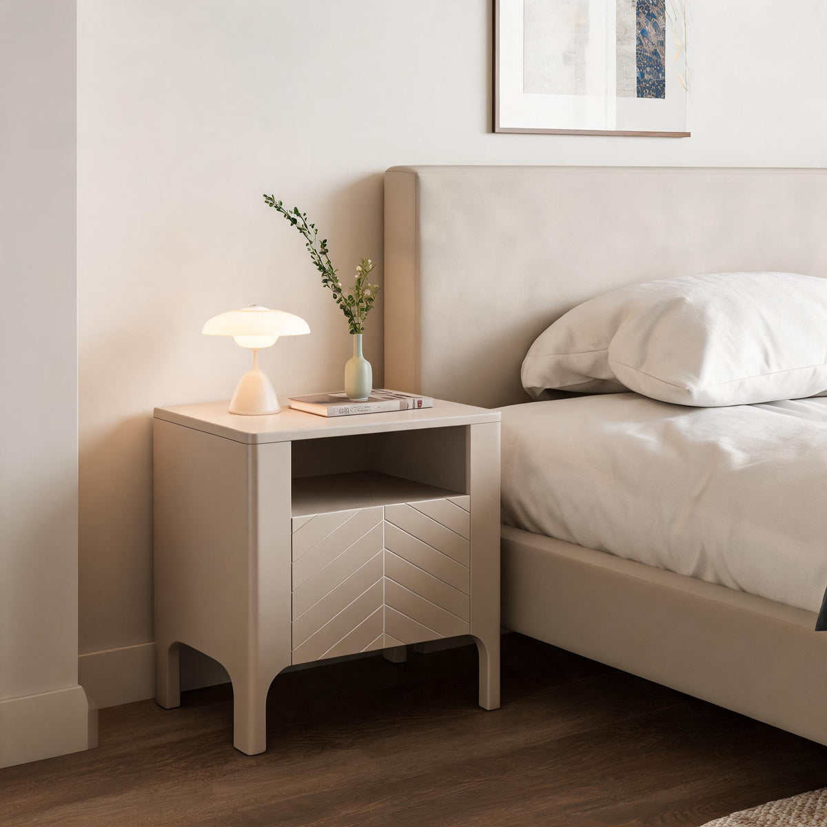 EKLIPSO bedside table 54x57 with an open niche in a modern style, colour Cashmere – in an interior setting | Pillovely