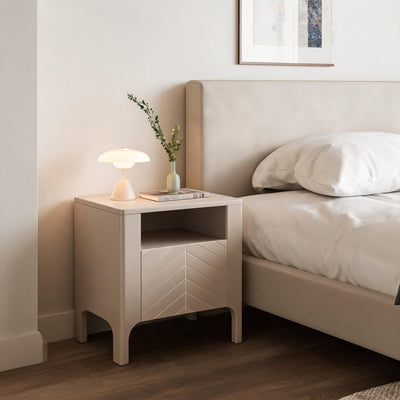EKLIPSO bedside table 54x57 with an open niche in a modern style, colour Cashmere – in an interior setting | Pillovely