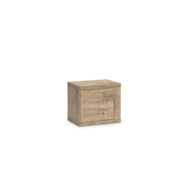 Korin bedside table 57x51 in oak – bedside table with a door and a metal handle, angled view