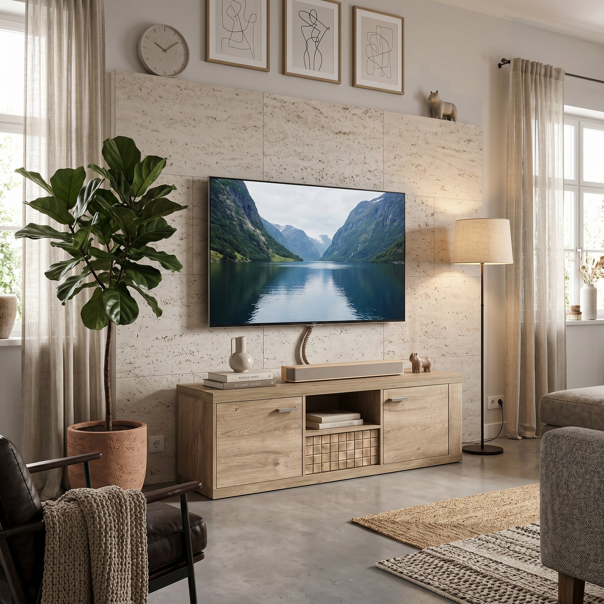 Korin TV cabinet 151x51 under a TV by a travertine-look wall, with a soundbar – boho TV stand