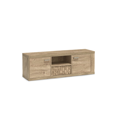 Korin TV cabinet 151x51 in oak – TV cabinet with two doors, a niche and a drawer, angled view