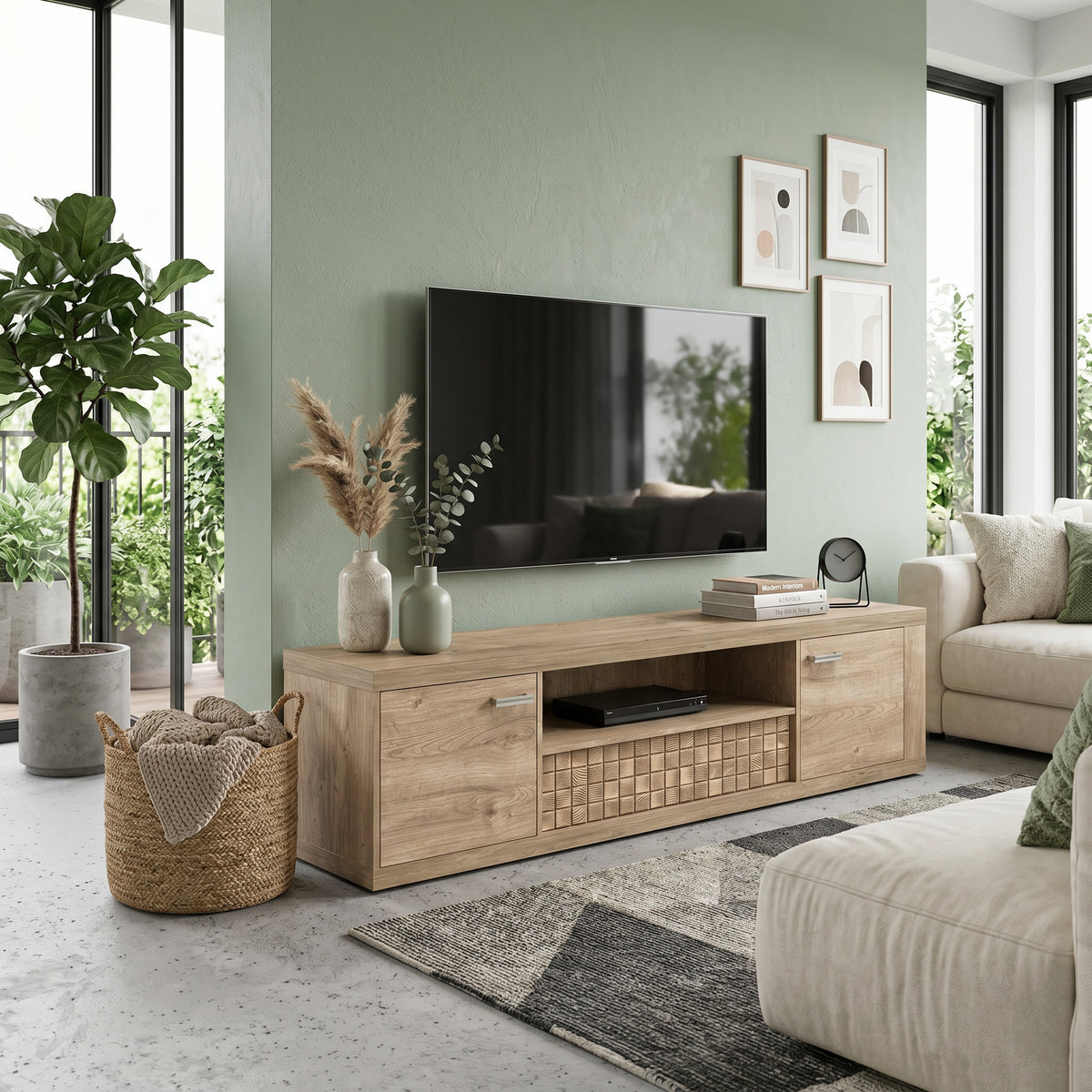 Korin TV cabinet 196x51 in a living room with a green wall and large windows – long living room TV stand