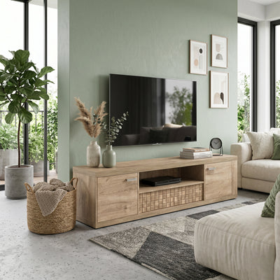 Korin TV cabinet 196x51 in a living room with a green wall and large windows – long living room TV stand
