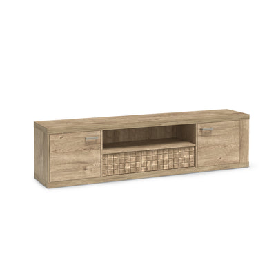 Korin TV cabinet 196x51 in oak – long TV cabinet with side cupboards and a central niche, angled view