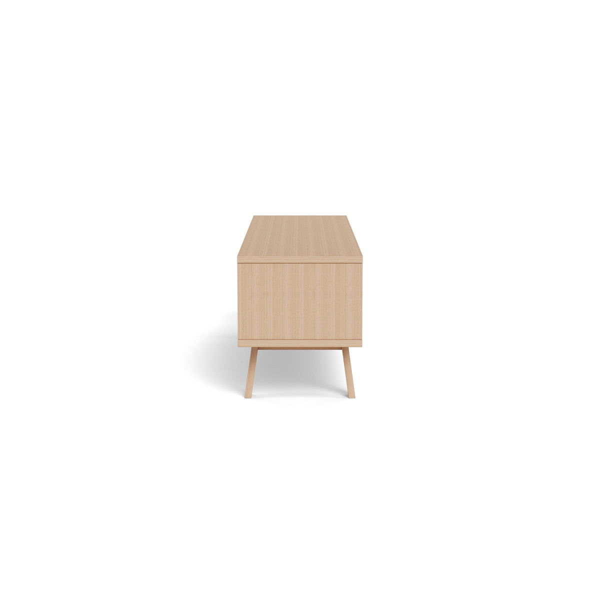 Lurisse TV cabinet 160x50, bleached oak – side view of the body and the slanted oak legs of the TV cabinet