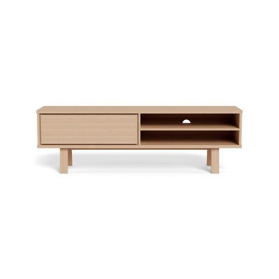 Lurisse TV cabinet 160x50, bleached oak – front view, handle-less drawer and compartments with cable openings