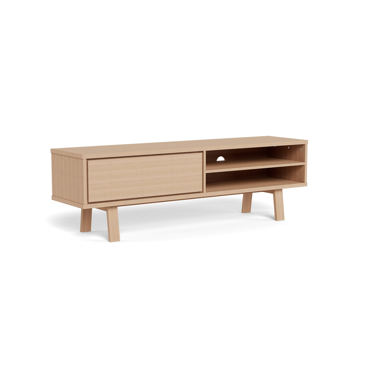 Lurisse TV cabinet 160x50, bleached oak – side view; TV cabinet with a drawer and two open compartments