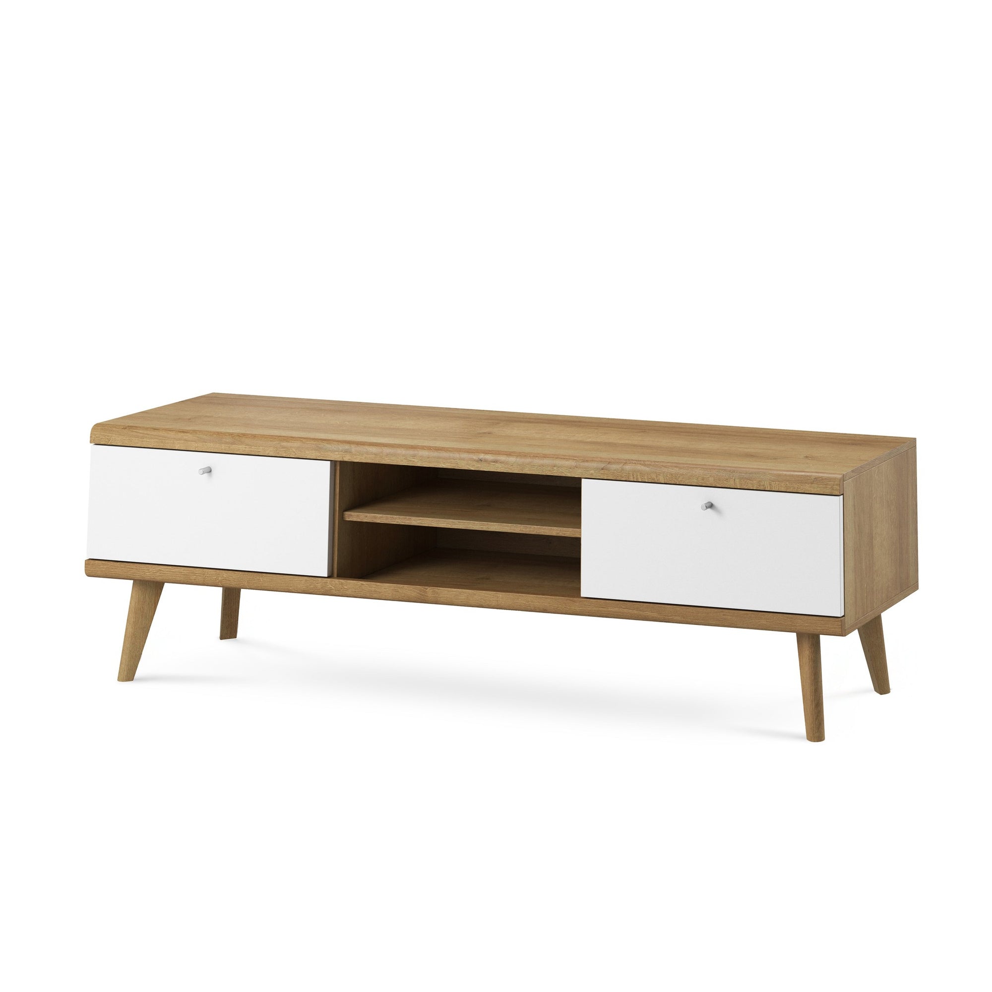 Szafka RTV 160x50 w stylu skandynawskim - dąb riviera, drewniane nóżki, fronty MDF | Lato