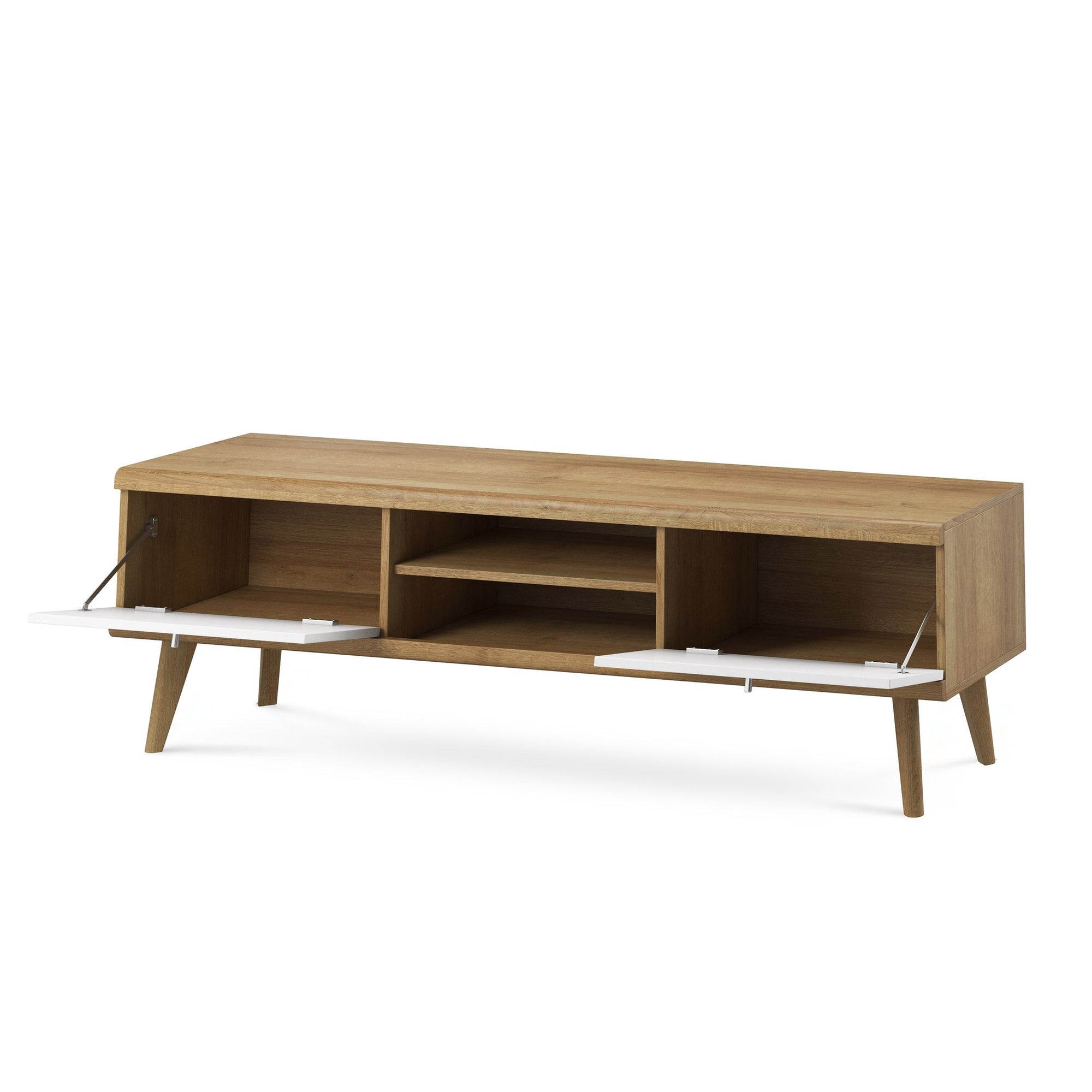 Szafka RTV 160x50 w stylu skandynawskim - dąb riviera, drewniane nóżki, fronty MDF | Lato