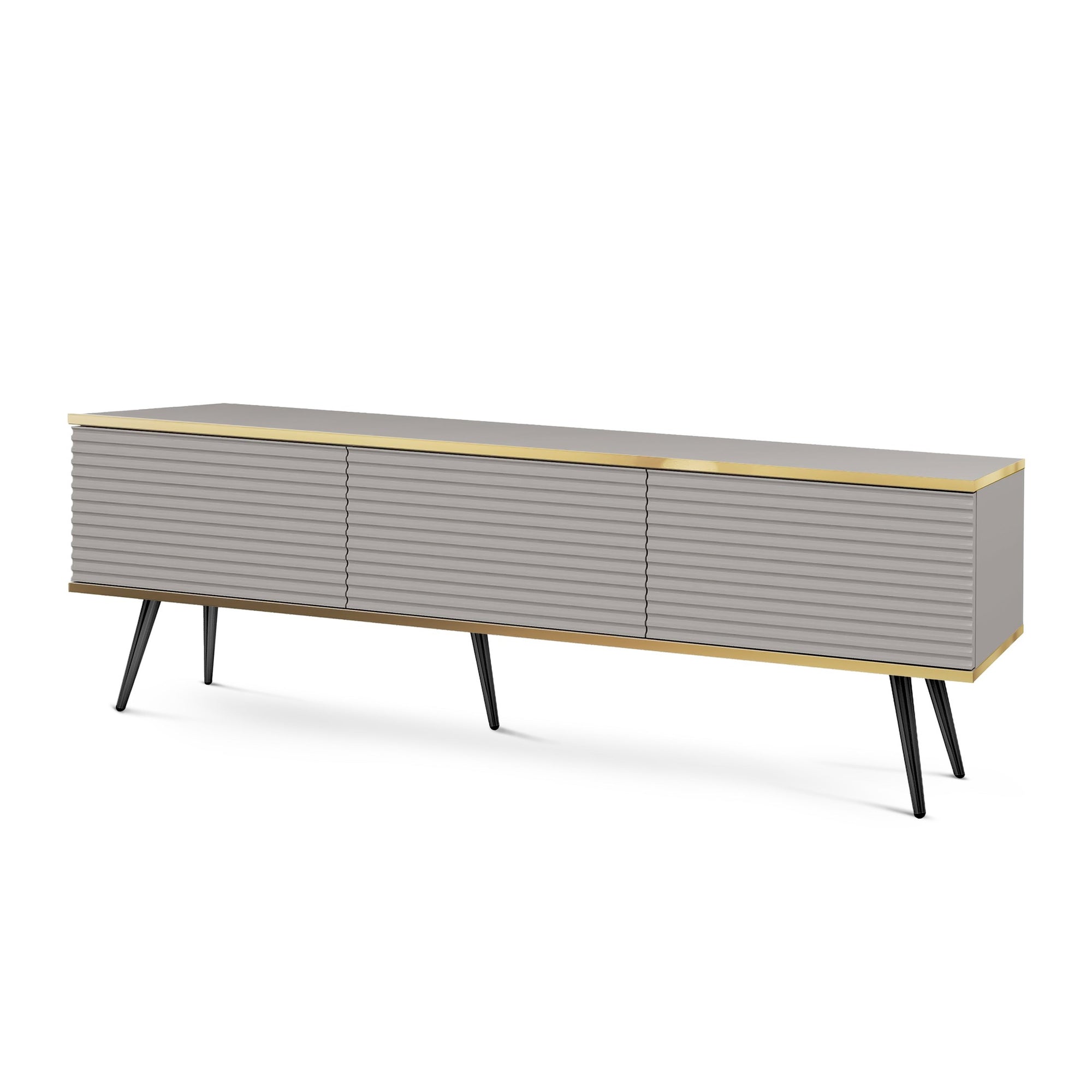 Szafka RTV 175x30 ze złotymi akcentami - ryflowany front MDF, system push-to-open | Meva