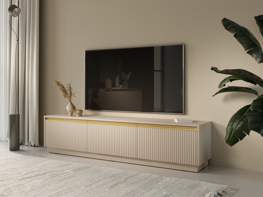 Szafka RTV 180x42 - ryflowane fronty, 3 szafki, złote akcenty | Westa