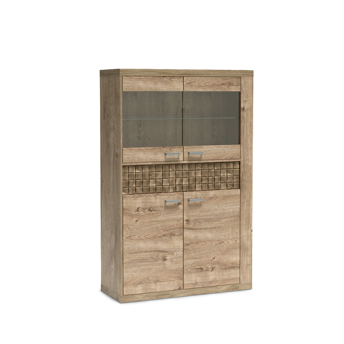 Korin display cabinet 102x160 in oak – display cabinet with two glass doors, a drawer and a cupboard, angled view