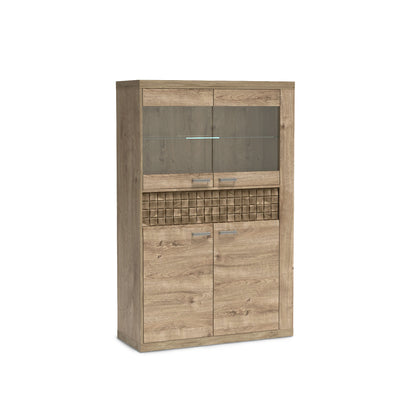 Korin display cabinet 102x160 in oak with shelf LED – lit glass shelves, angled view
