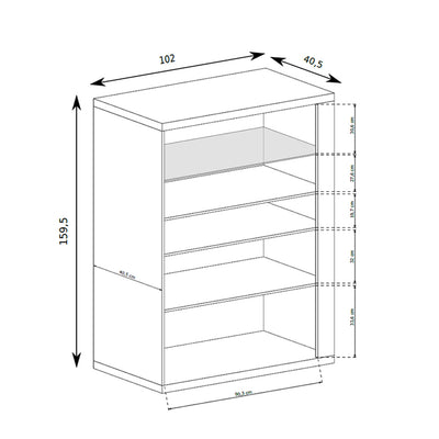 Korin display cabinet 102x160 – dimension drawing with width, height and depth