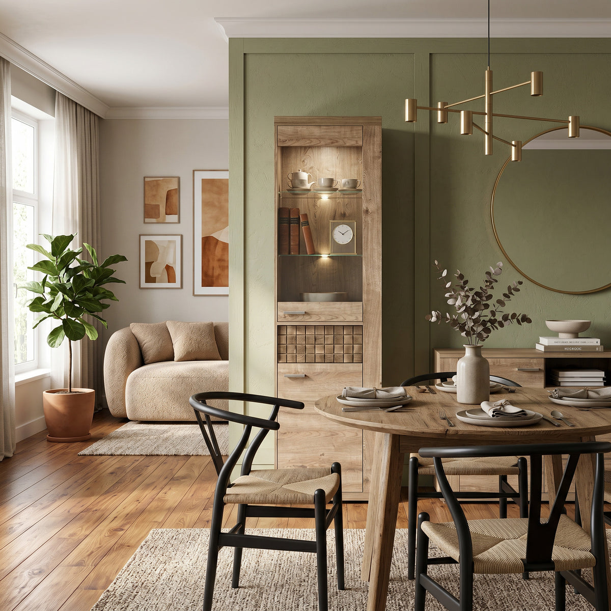 Korin display cabinet 201x57 in a dining room with a green wall next to a round table – lit display cabinet for china