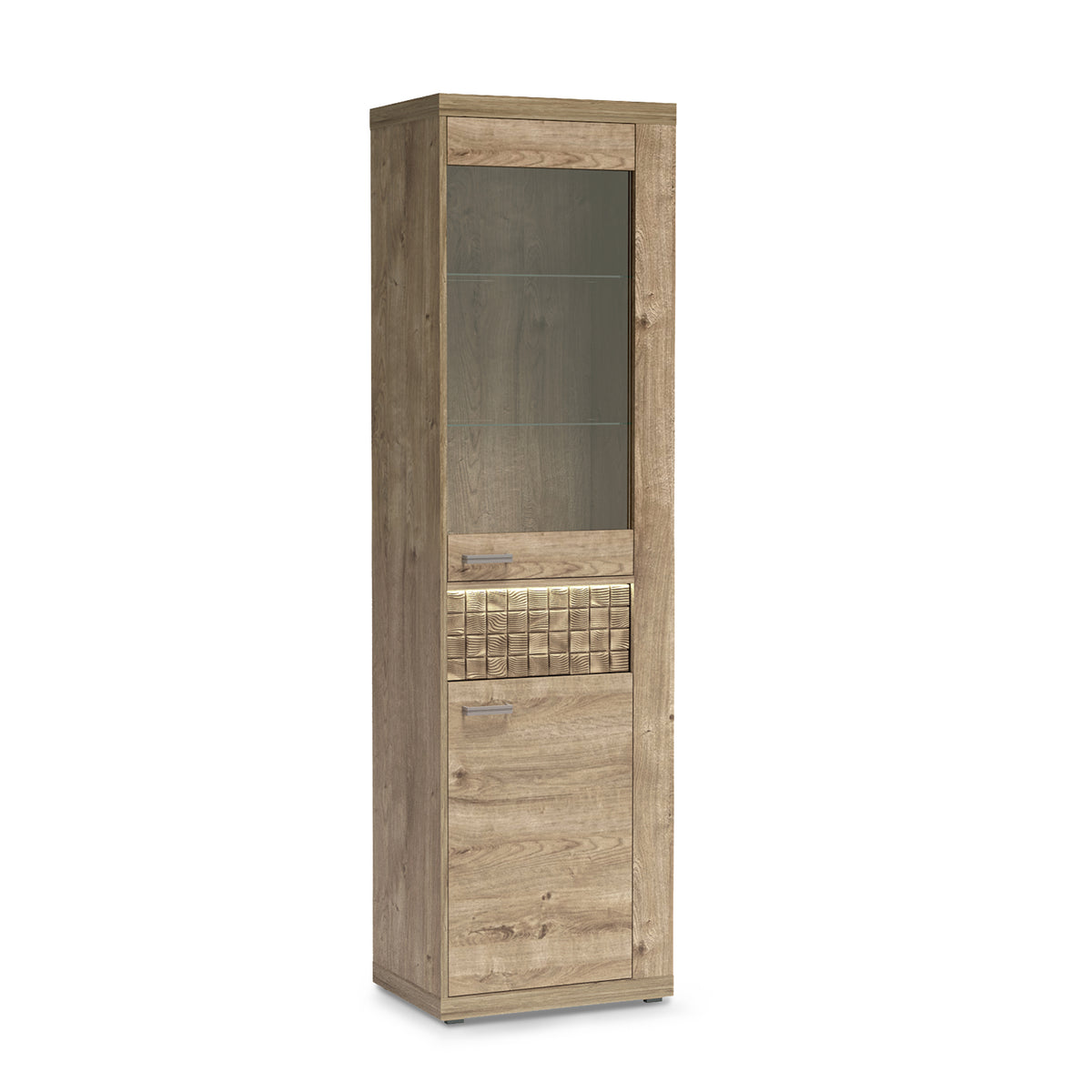Korin display cabinet 201x57 in oak with top LED – warm light above the front, angled view