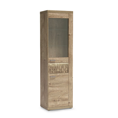 Korin display cabinet 201x57 in oak with top LED – warm light above the front, angled view