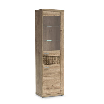 Korin display cabinet 201x57 in oak with shelf LED – lit glass shelves, angled view