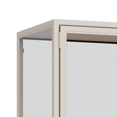 Skeleto 77x186 Grey Melamine Display Cabinet – detail of the corner of the frame and the door hinge with toughened glass