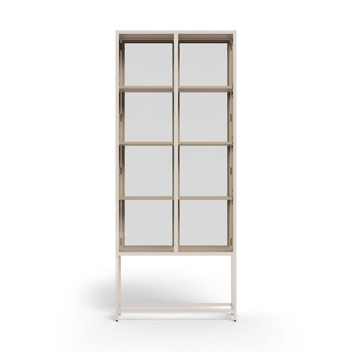 Skeleto 77x186 Grey Melamine display cabinet, front view – two glass doors and an industrial-style steel frame