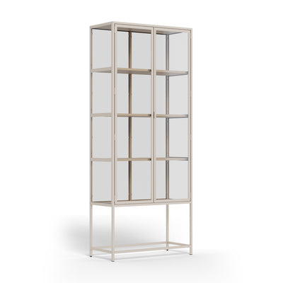 Skeleto 77x186 Grey Melamine Display Cabinet with Beveled Edges – a glass-fronted display cabinet with 4 shelves on a steel base