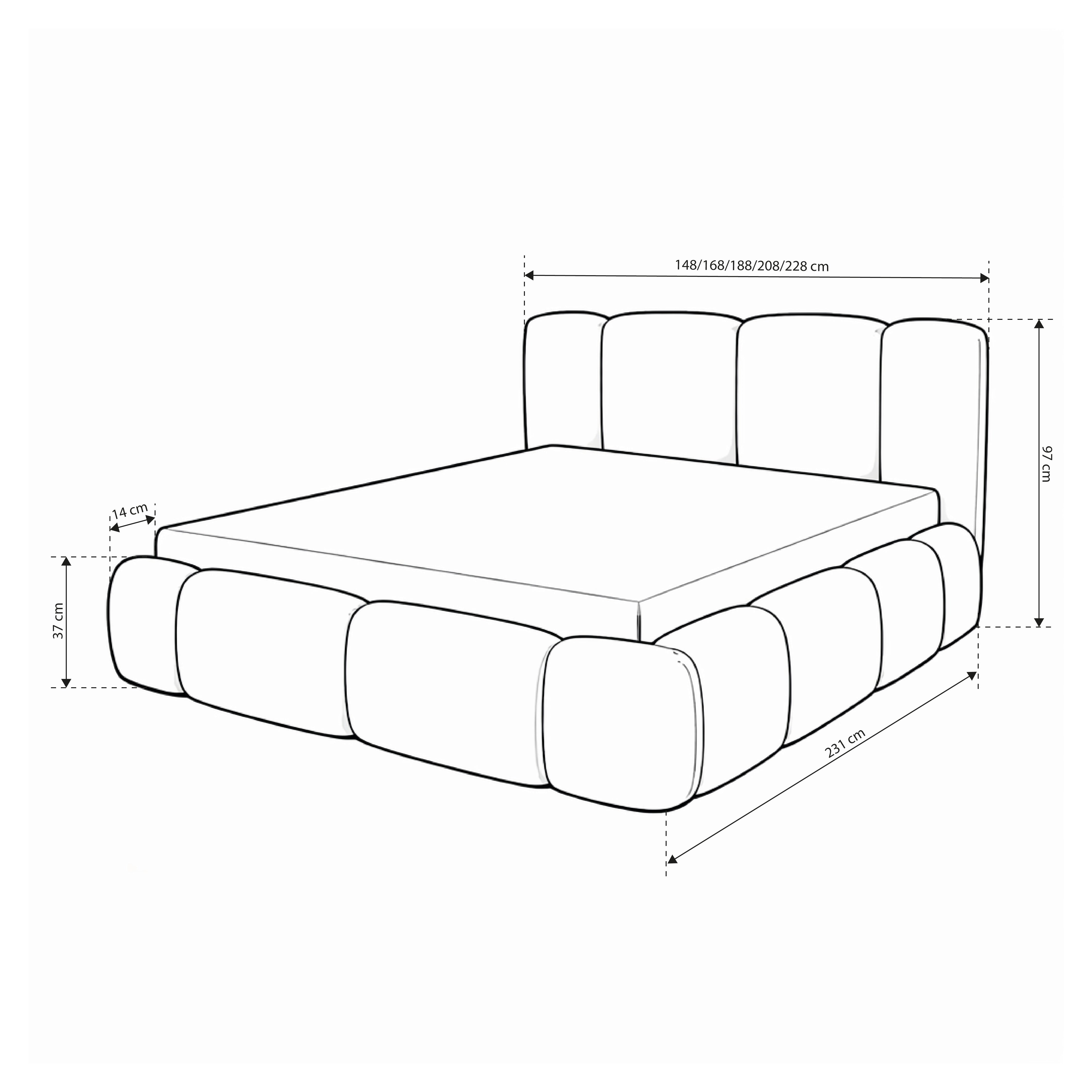 Upholstered bed with storage in various sizes in Japandi style | Neria