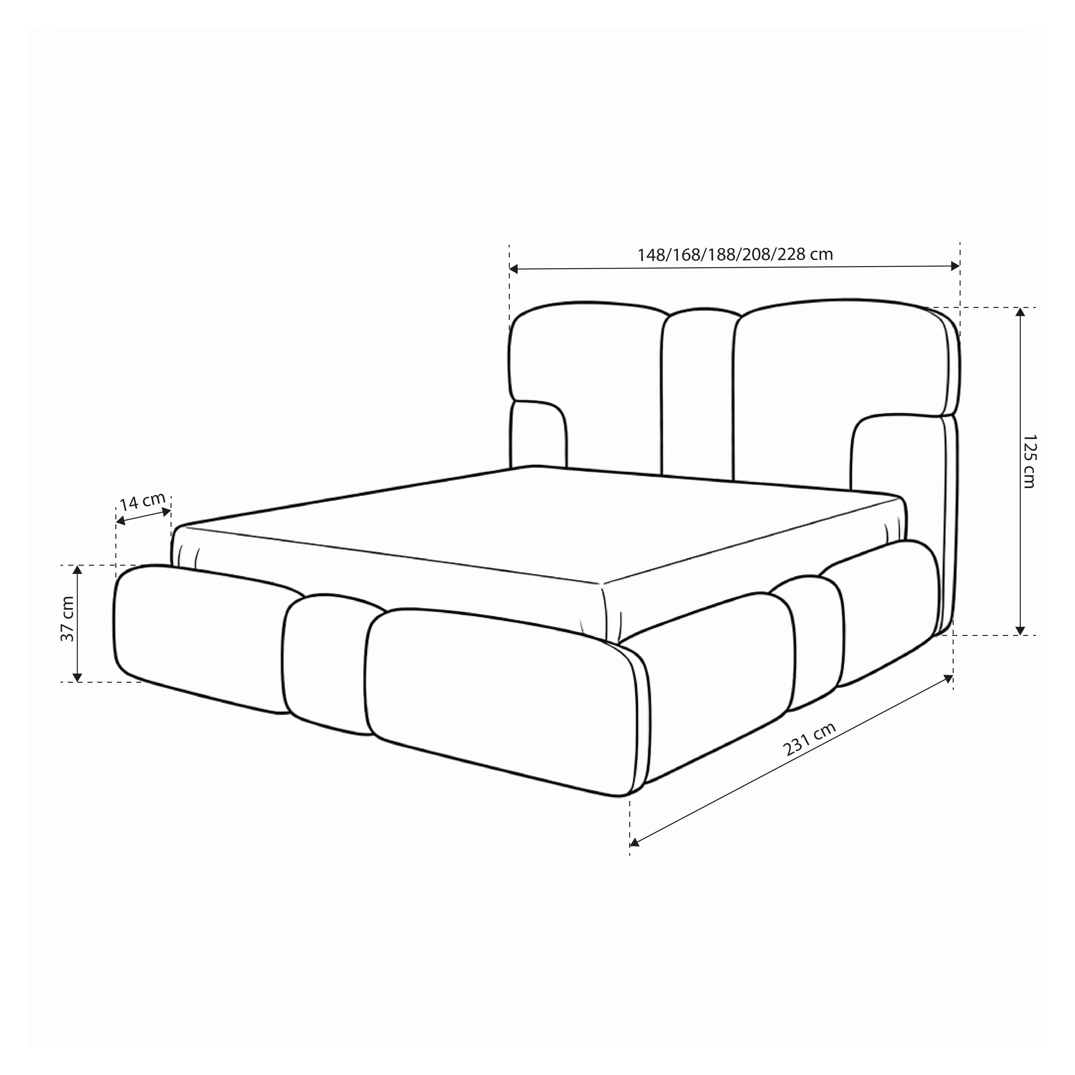 Upholstered bed with storage in various sizes in soft style | PUFFRA