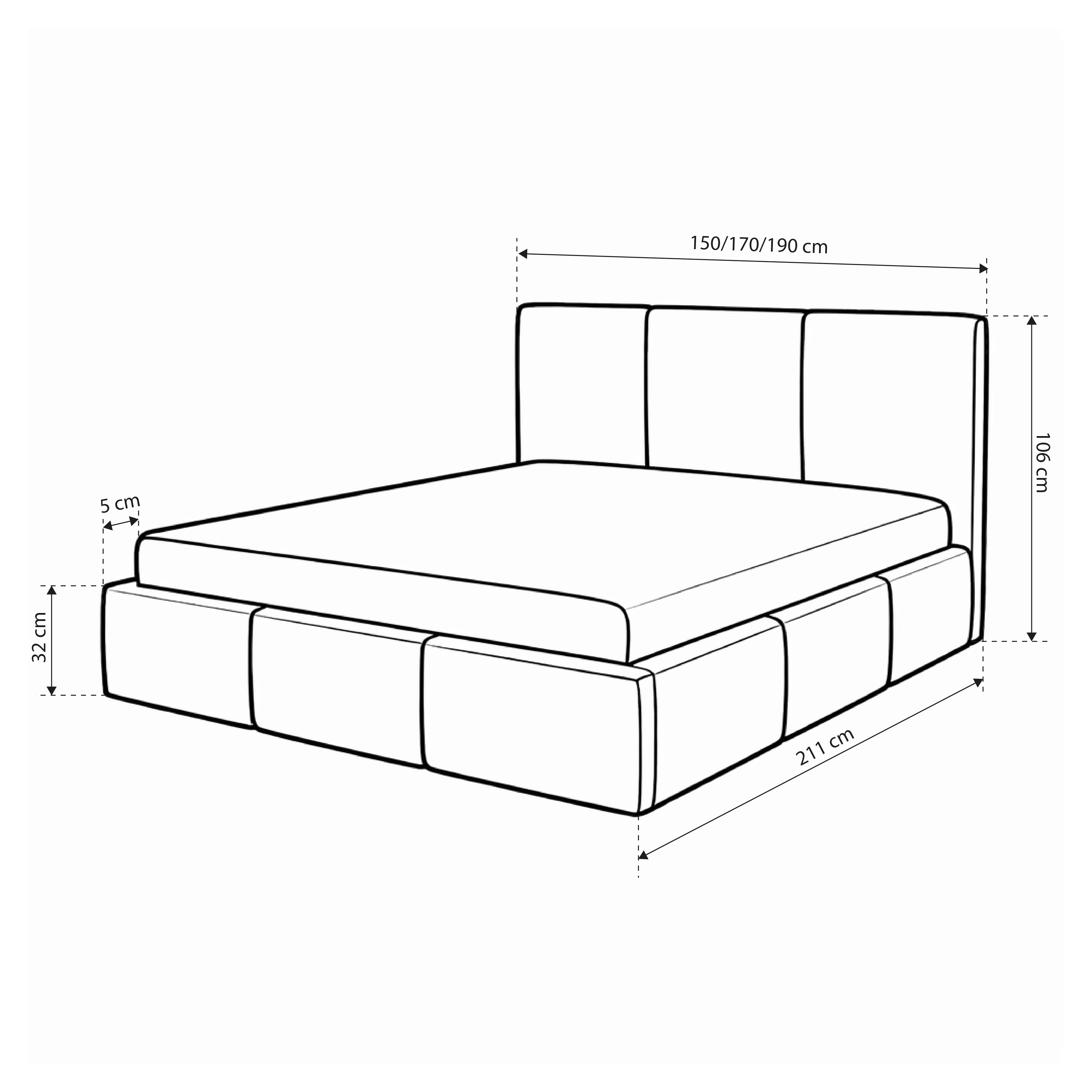 Upholstered bed with storage in various sizes in modern style, Lambi fabric | Melora