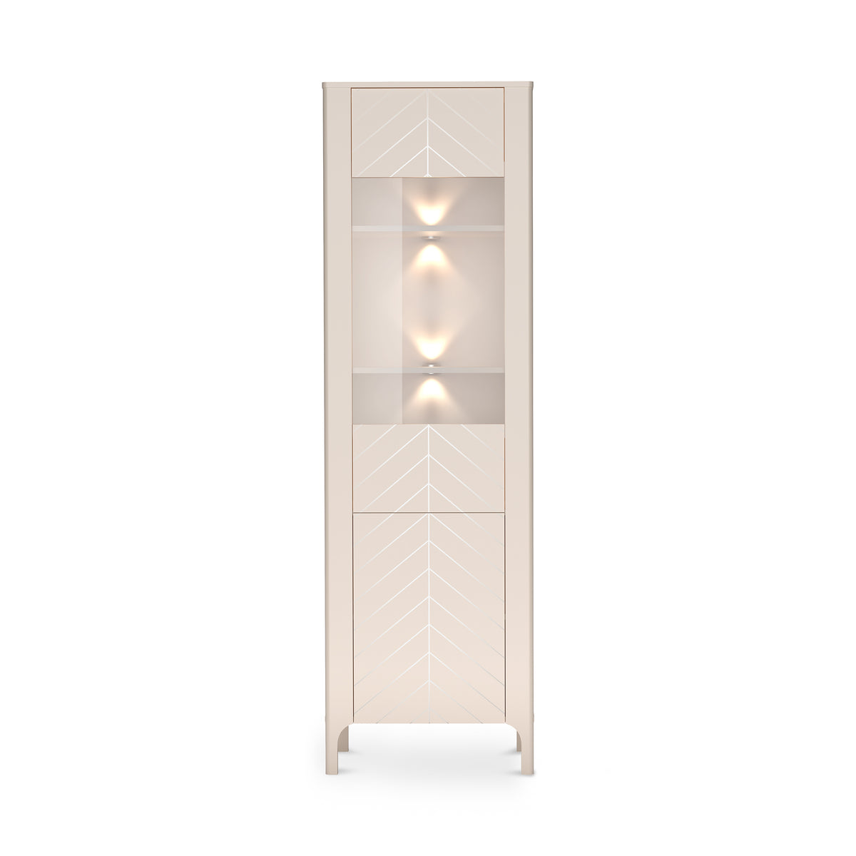 Tall EKLIPSO display cabinet 60x197 with glazing in a modern style, colour Cashmere – front view with LED lighting | Pillovely
